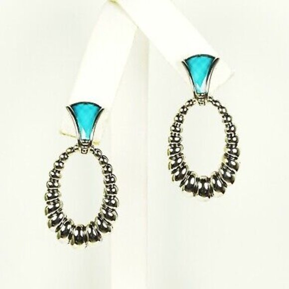 LAGOS Venus Link Oval Fluted Sterling Silver 18K Gold Post Turquoise Earrings - Picture 2 of 10